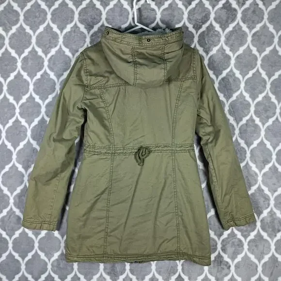 Hollister Olive Green Sherpa Lined Coat Women Medium Hooded Parka Jacket Y2K - Picture 4 of 9